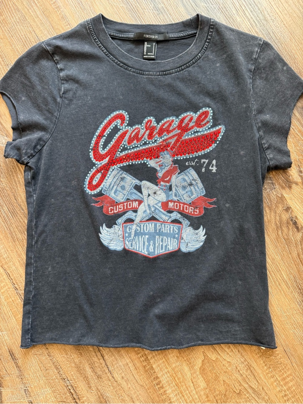 Forever 21' Black 'Garage' Graphic Tee with Red Accents